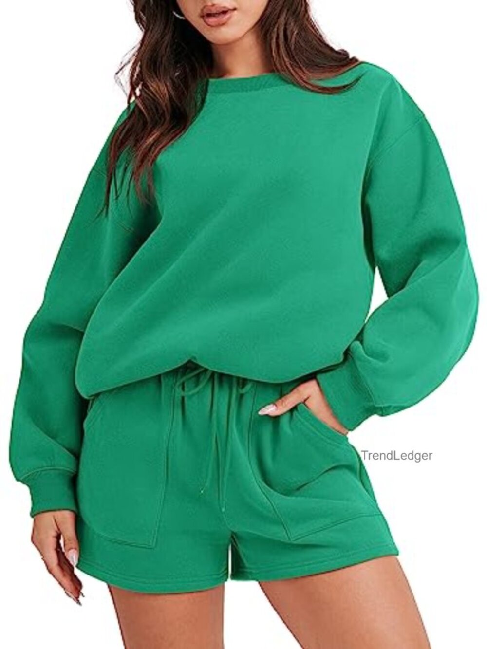 Women 2 Piece Sweat Lounge Shorts Set Crewneck Sweatshirt High Waisted Shorts